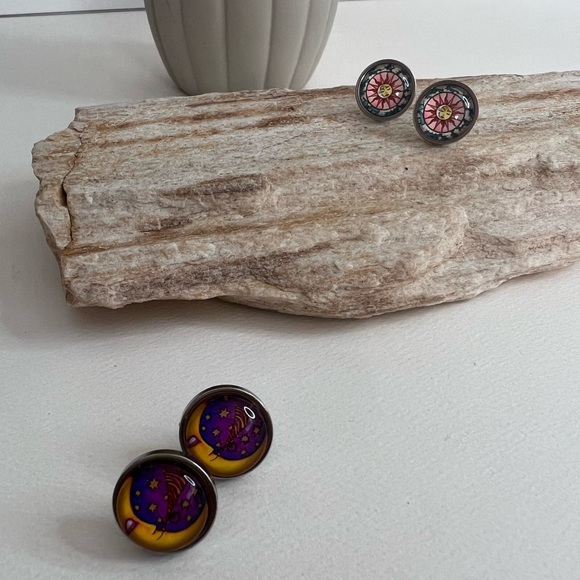 Classic Celestial Stud Earring Set - Moon and Sun Stud Earring Set - Boho Studs - Picture 1 of 12